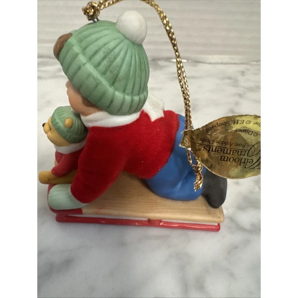 Disney Ashton Drake ornament Hold on Pooh sled ceramic and felt boy sledding‎